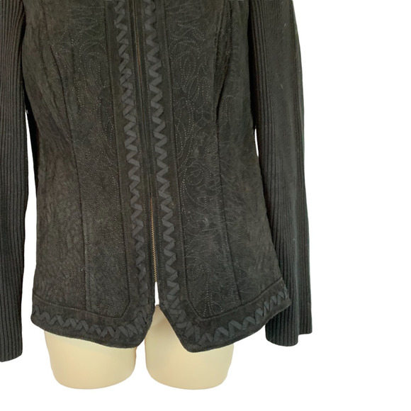 Peter Nygard Womens Jacket Black Floral Zipper Embroidered Knitted Leather M - Picture 3 of 9